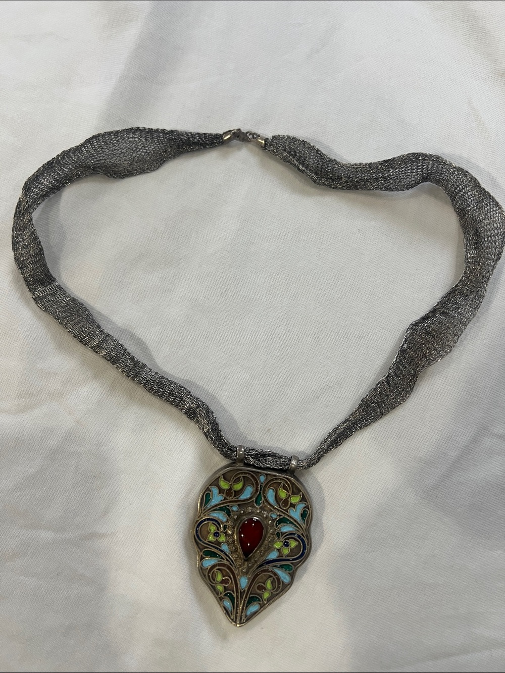 Vintage Sterling Silver 925 Mesh Chain Necklace with Enamel Cloisonné Pendant